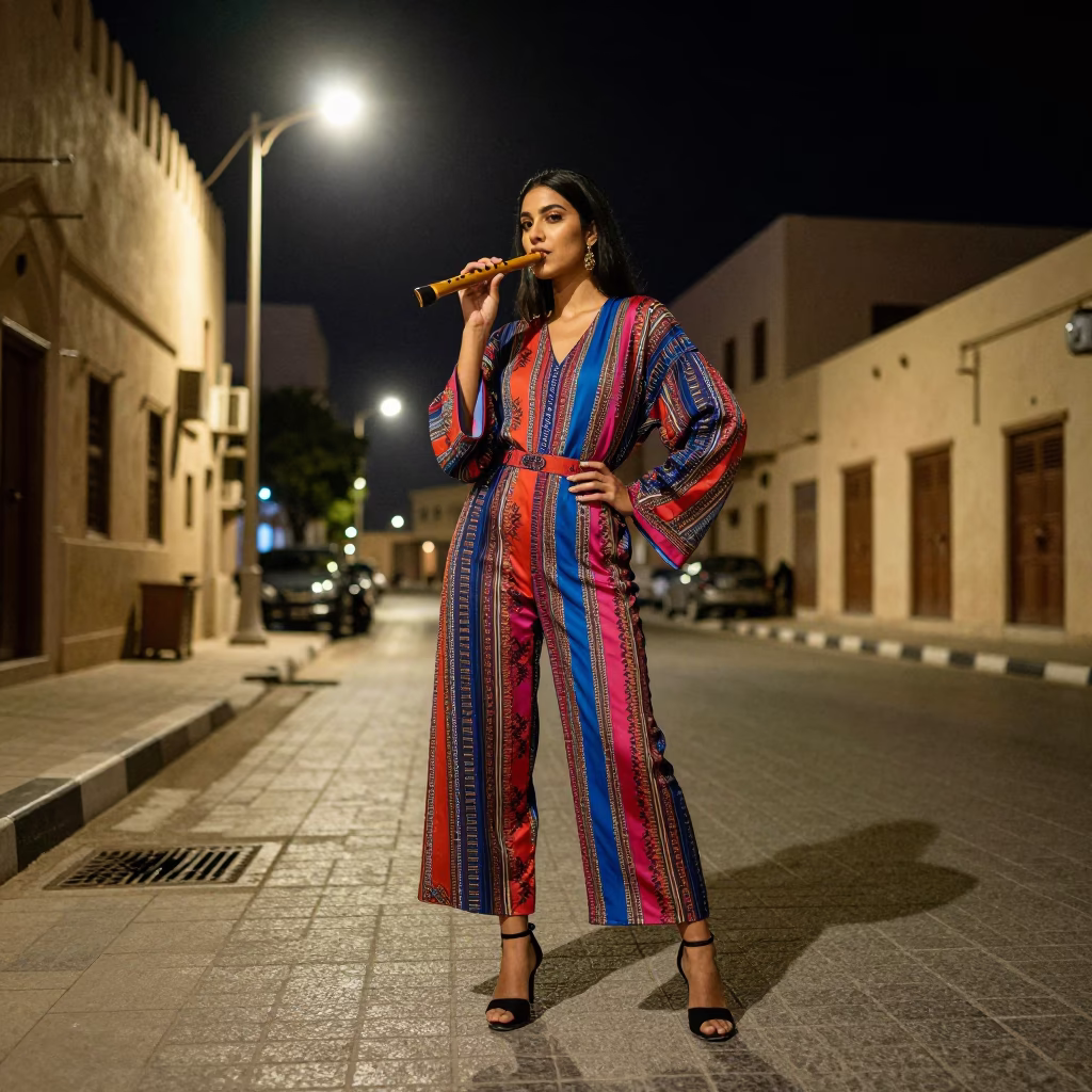 Nighttime Muscat Street Fashion Portrait with Ocarina and Sewage Tunnel Details in in Muscat, Oman