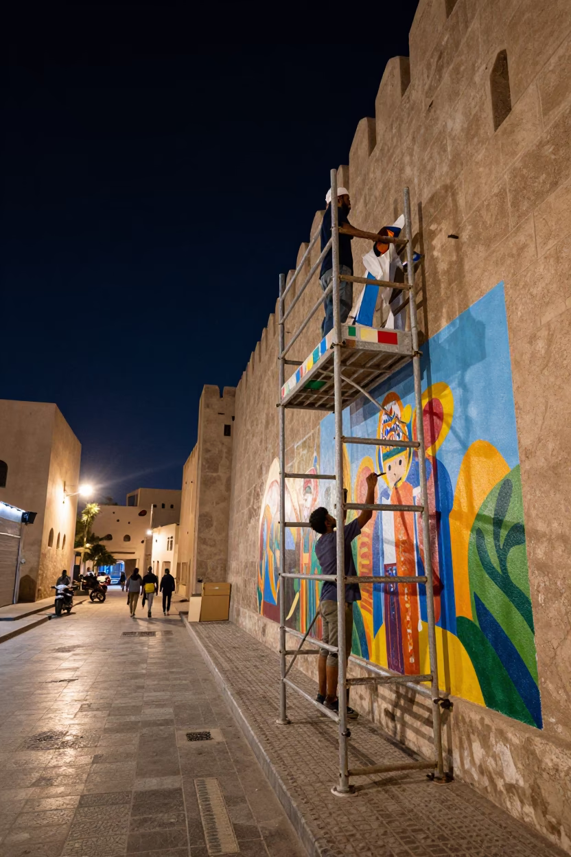 Nighttime Muscat Street Scene with Colorful Muralist Scaffold and Urban Activity in in Muscat, Oman