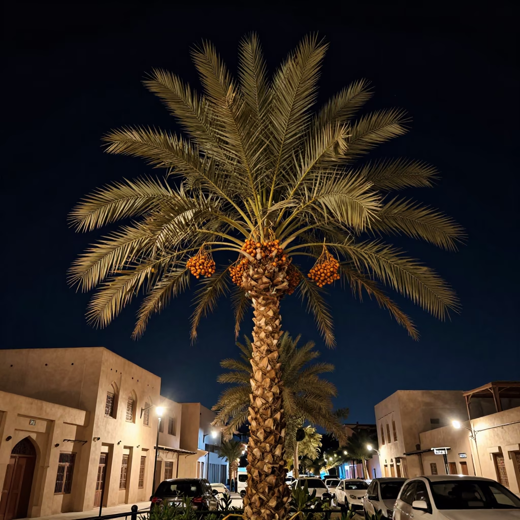 Nighttime Muscat Street Scene with Date Palm and Traditional Architecture in in Muscat, Oman