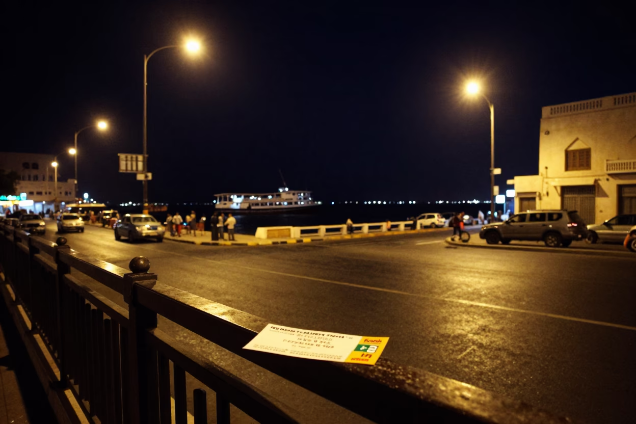 Nighttime Muscat Street Scene with Ferry Silhouette and Local Life in in Muscat, Oman