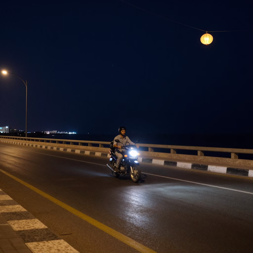 Nighttime Muscat Street Scene with Motorcycle and Paper Lanterns in 1990s Style in in Muscat, Oman