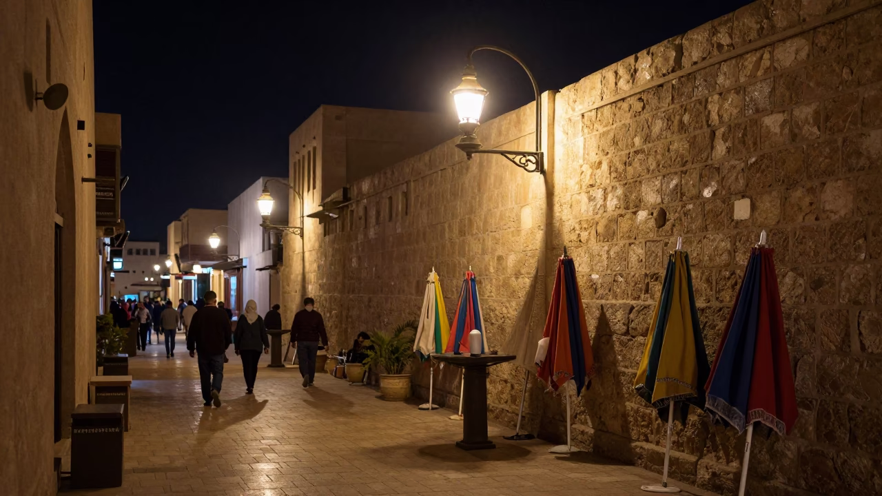 Nighttime Muscat Street Scene with Oil Lamp and Umbrellas in 1970s Oman in in Muscat, Oman