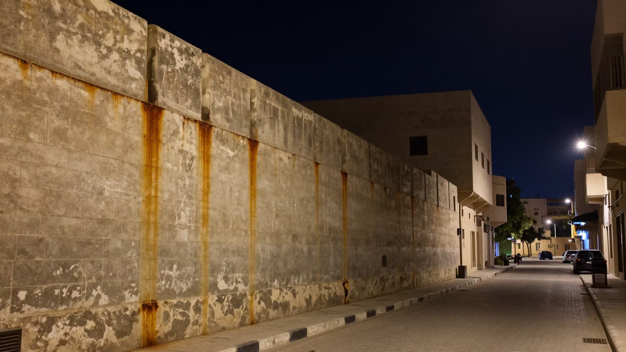 Nighttime Muscat Street Scene with Rust and Concrete Under Deep Sky in in Muscat, Oman