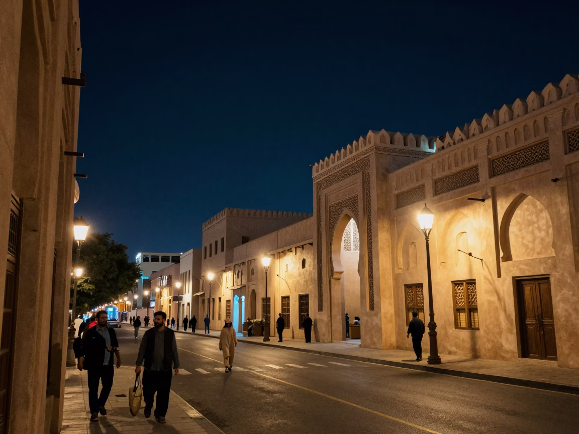Nighttime Muscat Street Scene with Traditional Architecture and Modern Fashion in in Muscat, Oman