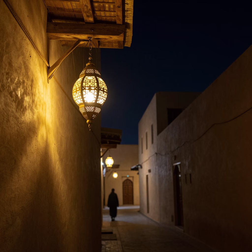 Nighttime Muscat Street Scene with Traditional Lantern and Local Commerce in in Muscat, Oman