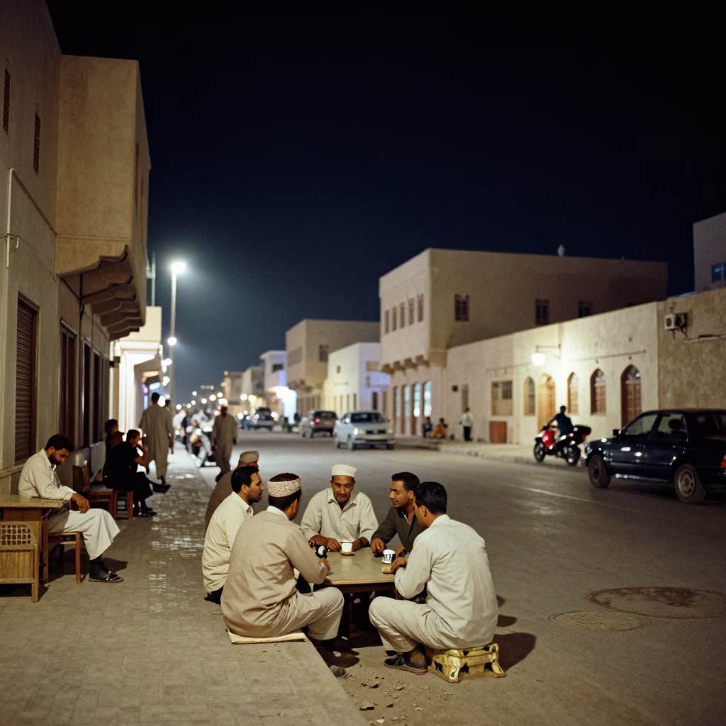 Nighttime Muscat Street Scene with Vintage 1960s Aesthetic and Local Life in in Muscat, Oman