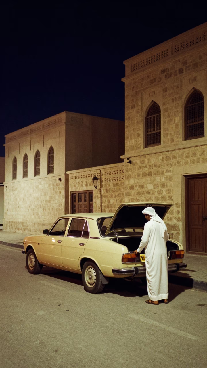 Nighttime Muscat Street Scene with Vintage Car and Traditional Lanterns in in Muscat, Oman