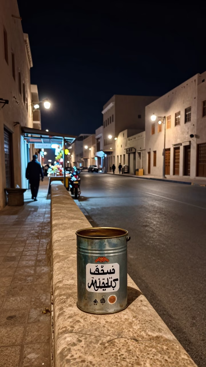 Nighttime Muscat Street Scene with Vintage Coffee Tin and Local Market Activity in in Muscat, Oman