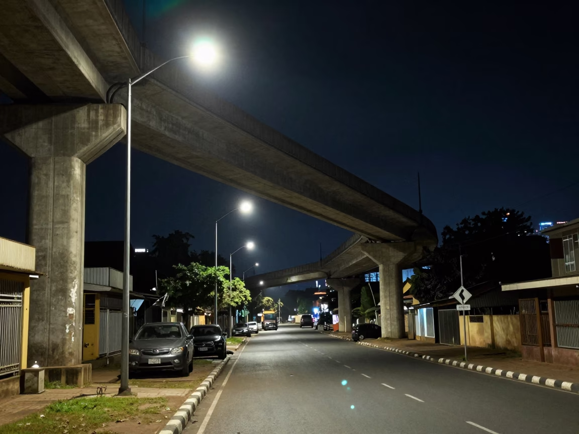 Nighttime Nairobi Street Scene with Concrete Viaduct and Urban Infrastructure in in Nairobi, Kenya