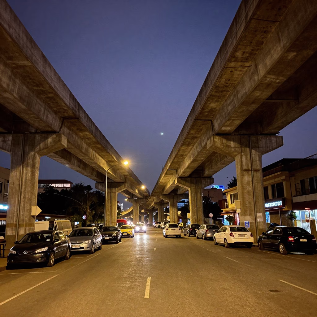 Nighttime Nairobi Street Scene with Overpass Ramp and Urban Activity in in Nairobi, Kenya