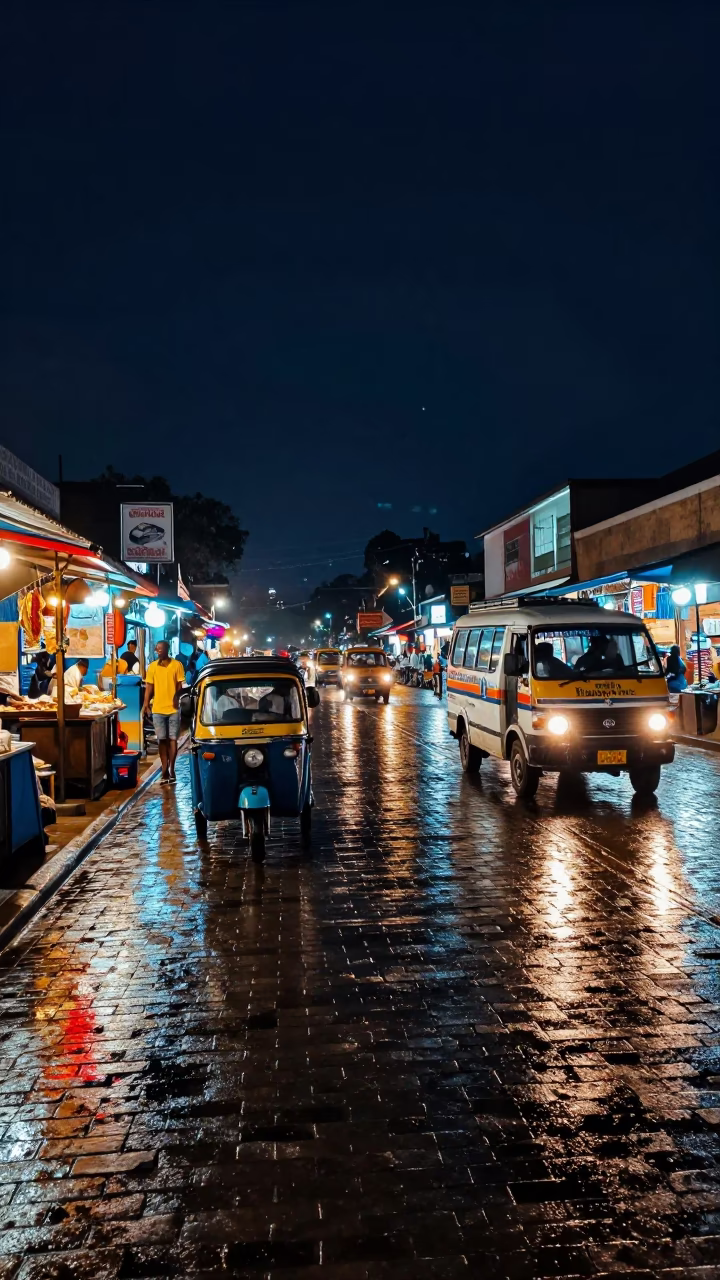 Nighttime Nairobi Street Scene with Tricycle and Rain Reflections Under Deep Sky in in Nairobi, Kenya