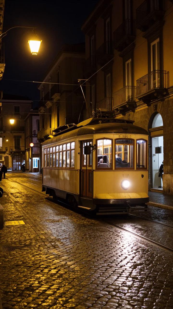 Nighttime Naples Italy heritage tram on cobblestone avenue under streetlights in in Naples, Italy