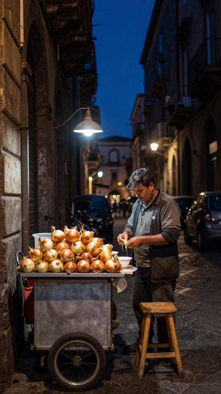 Nighttime Naples Street Food Vendor with Onions and Stool Under Deep Sky in in Naples, Italy