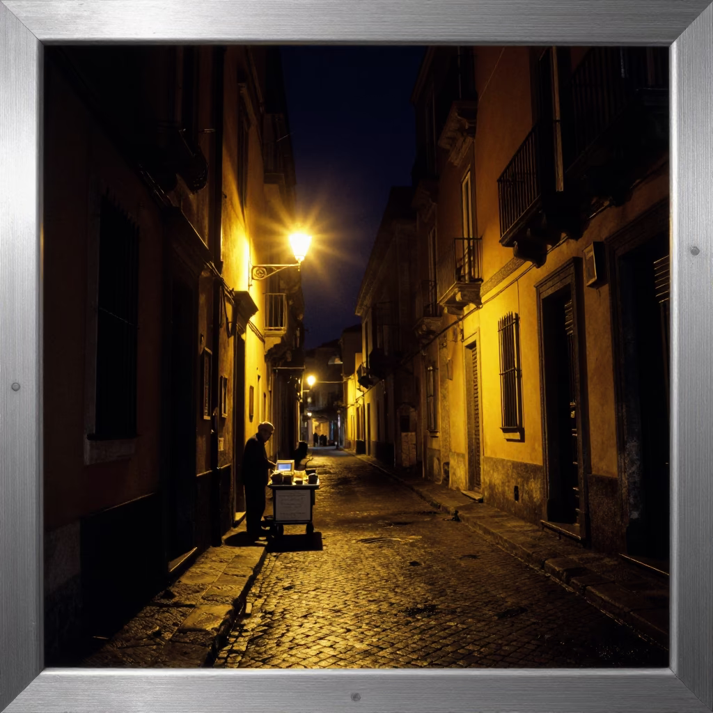 Nighttime Naples Street Scene with Brushed Steel Frame and Local Interaction in in Naples, Italy