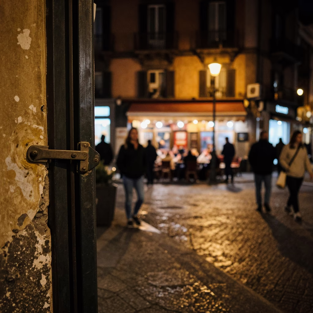Nighttime Naples Street Scene with Door Latch and Worn Wood Details in in Naples, Italy