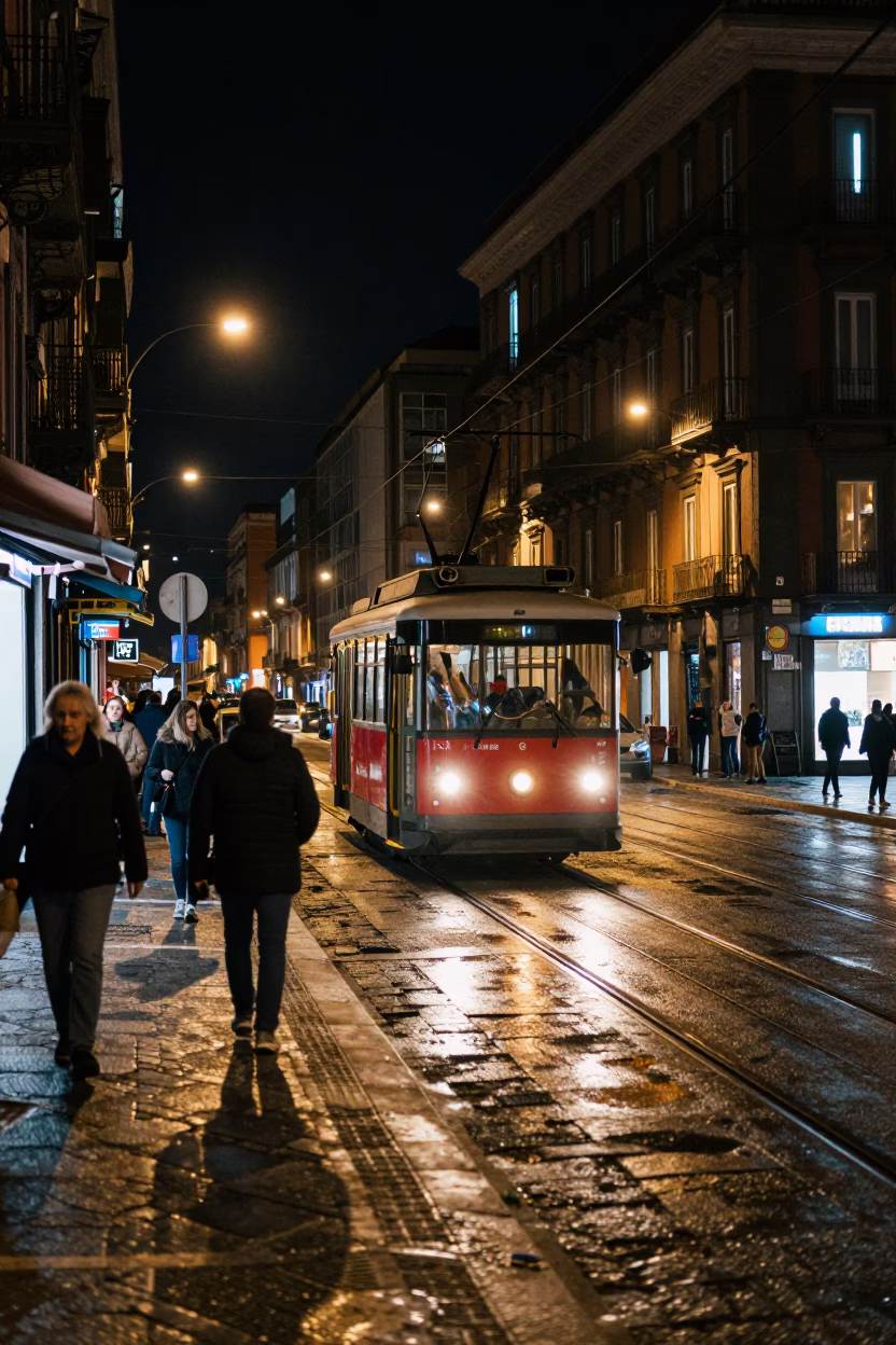 Nighttime Naples Street Scene with Funicular Railway and Urban Details in in Naples, Italy