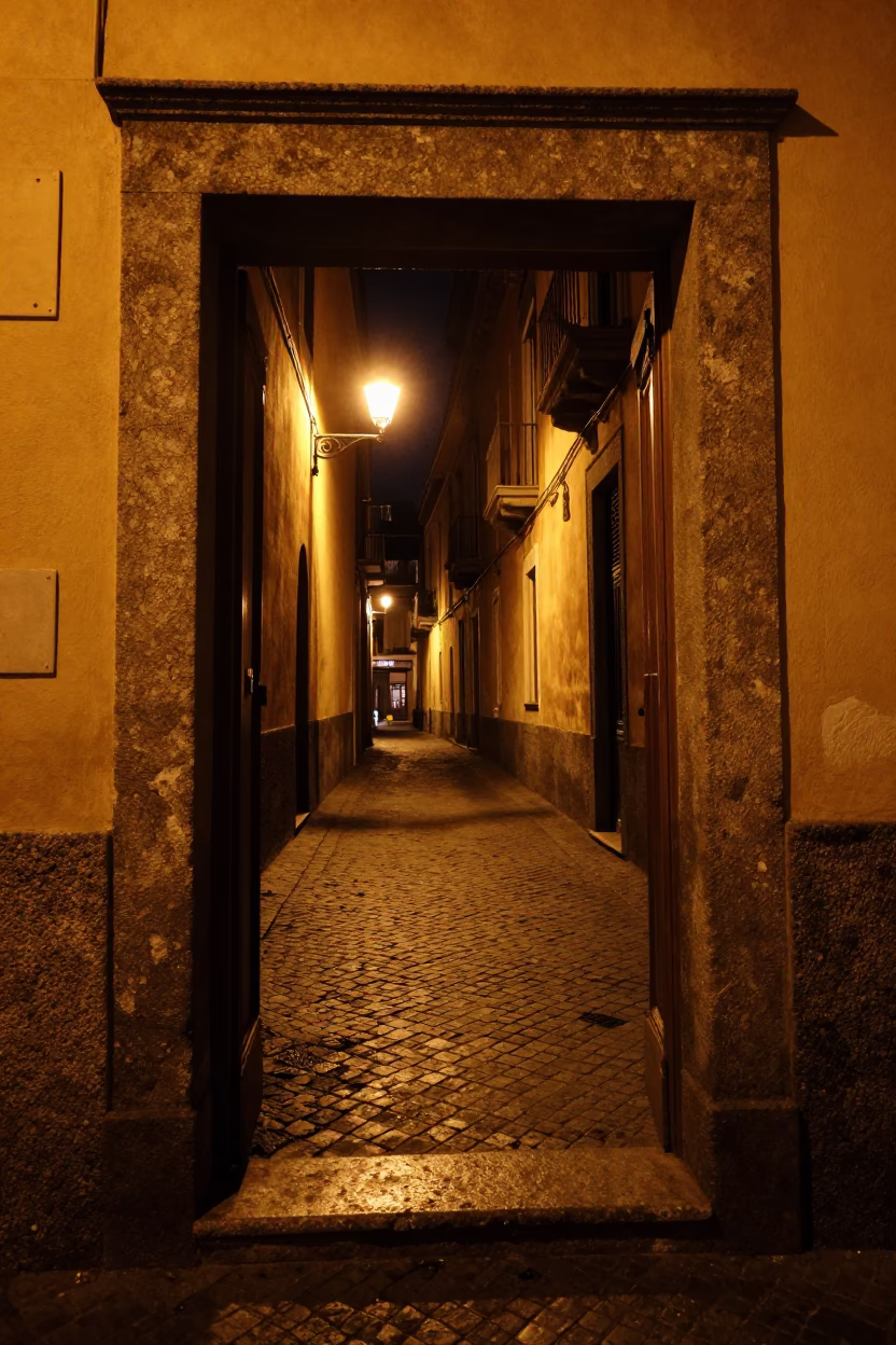 Nighttime Naples Street Scene with Illuminated Doorframe and Traditional Wreath in in Naples, Italy
