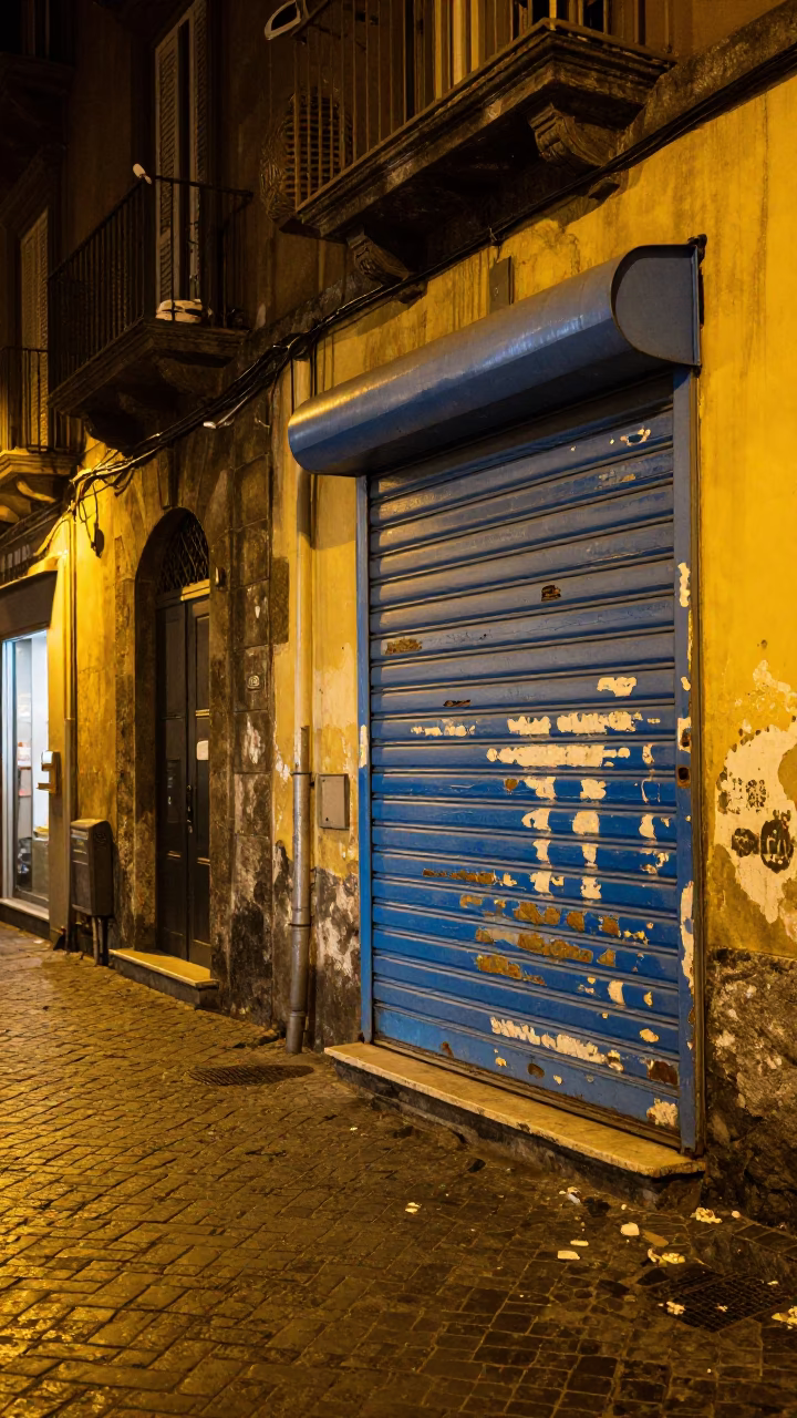 Nighttime Naples Street Scene with Neon Signs and Cobblestone Alleyway in in Naples, Italy