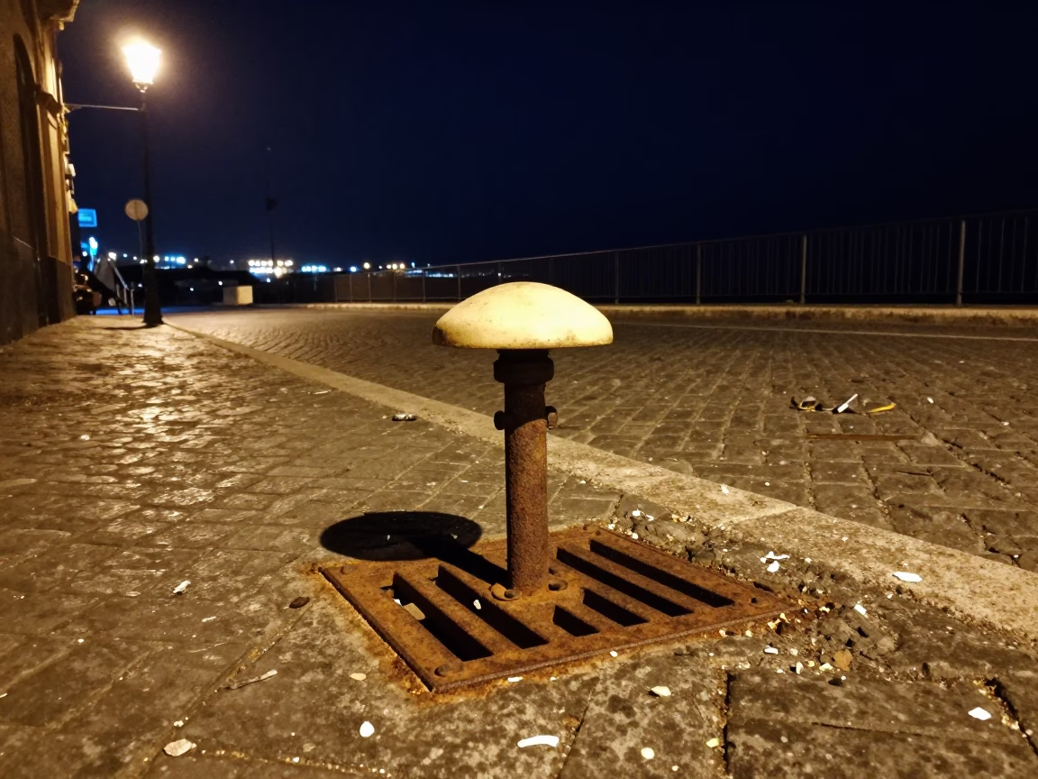 Nighttime Naples Street Scene with Rusted Drain and Lampshade in in Naples, Italy