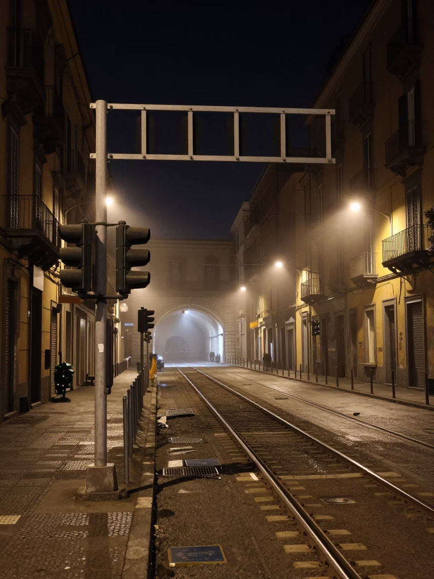 Nighttime Naples Street Scene with Signal Gantry and Rail Lines in Mist in in Naples, Italy