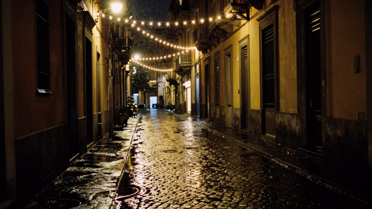 Nighttime Naples Street Scene with String Lights and Rain Puddles in in Naples, Italy
