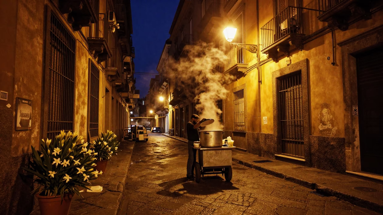 Nighttime Naples Street Scene with Tuberoses and Steam Haze Under Deep Sky in in Naples, Italy