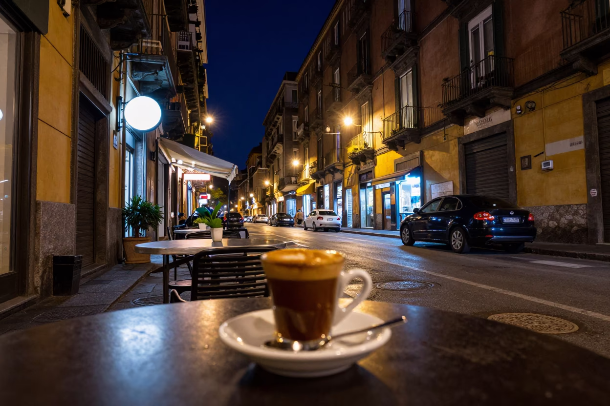 Nighttime Naples Street Scene with Turkish Coffee and Urban Details in in Naples, Italy