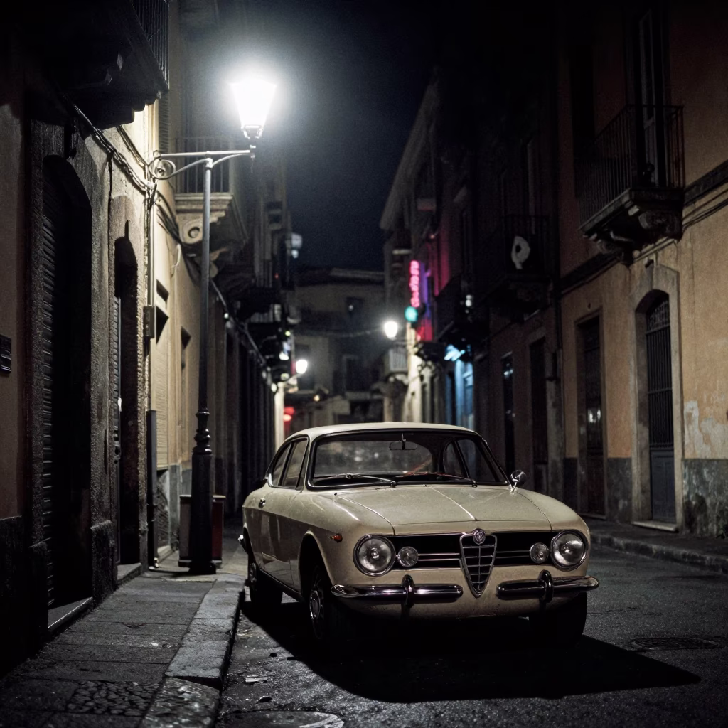 Nighttime Naples Street Scene with Vintage Car and Neon Reflections in in Naples, Italy