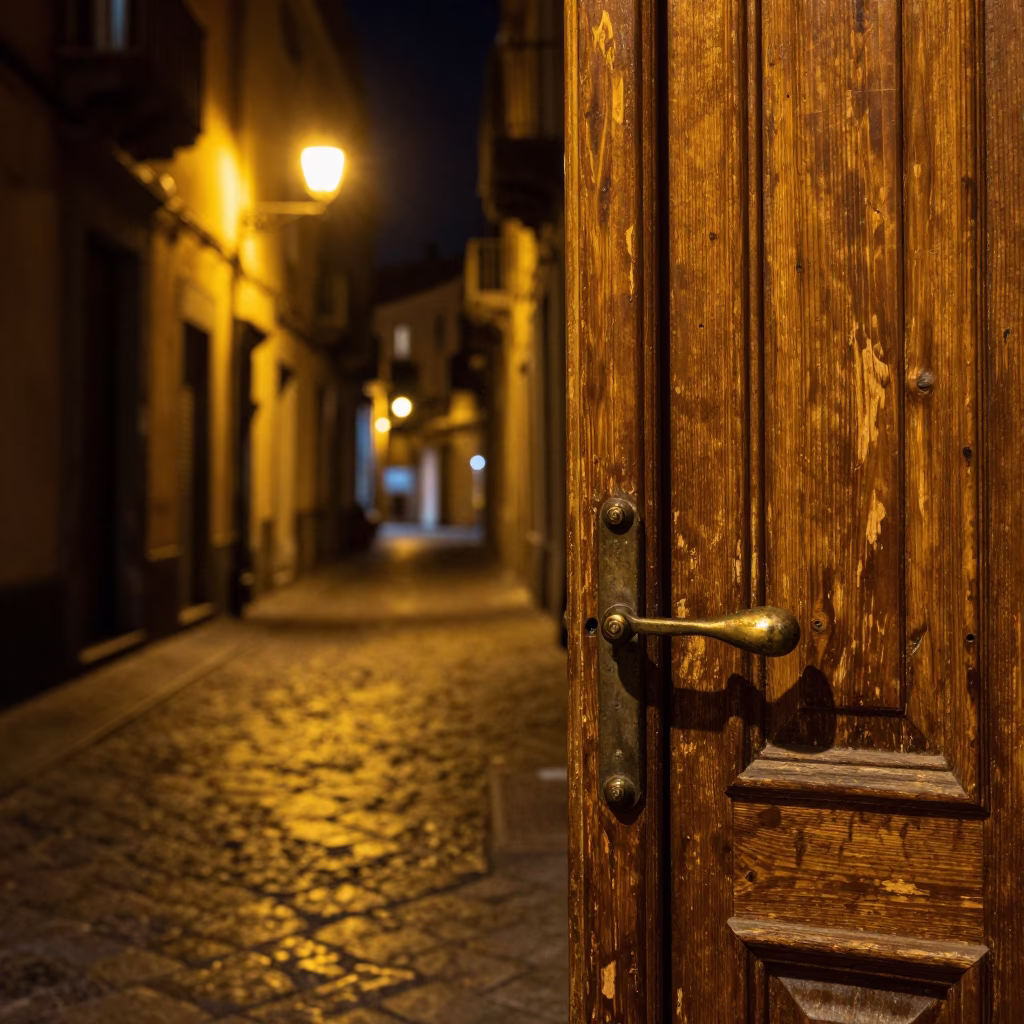 Nighttime Naples Street Scene with Vintage Door Handle and Local Interaction in in Naples, Italy