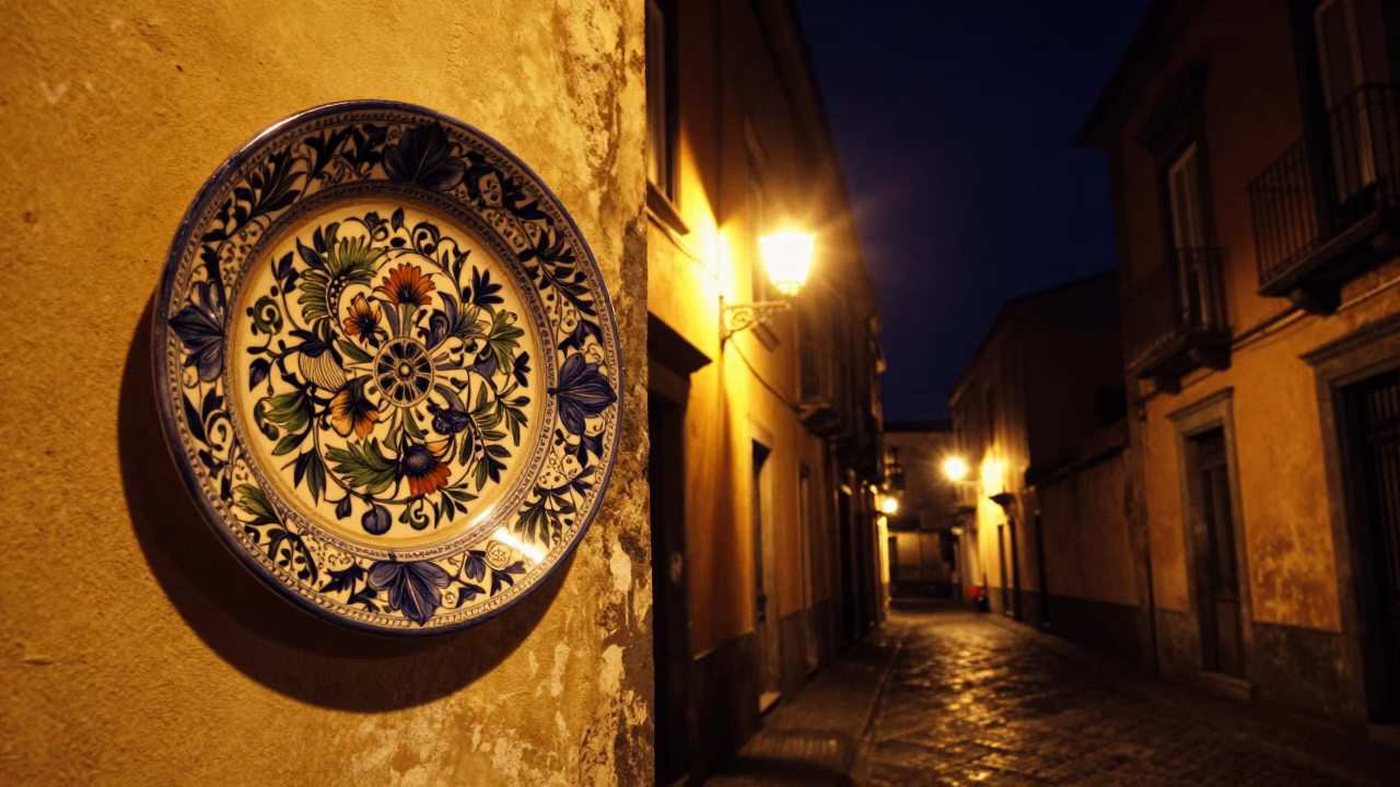 Nighttime Naples Street Scene with Vintage Majolica Plate and Window Light in in Naples, Italy