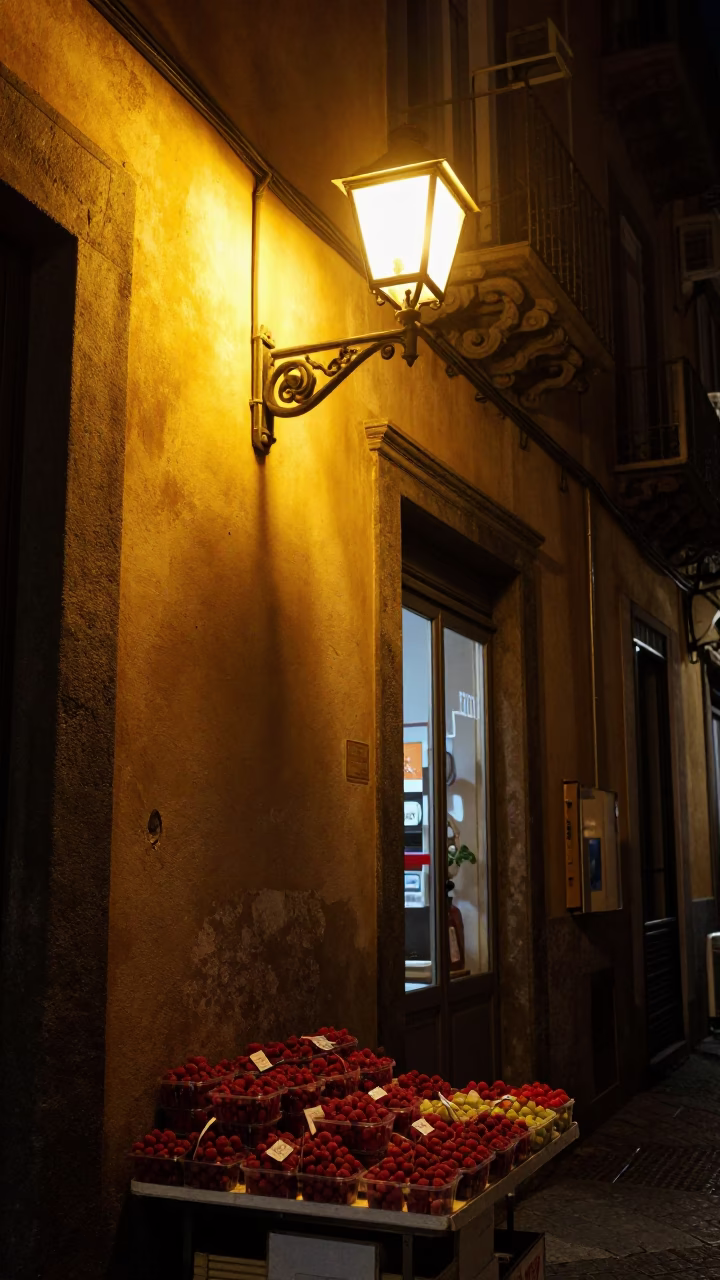 Nighttime Naples Street Scene with Wall Sconce and Cable Car View in in Naples, Italy