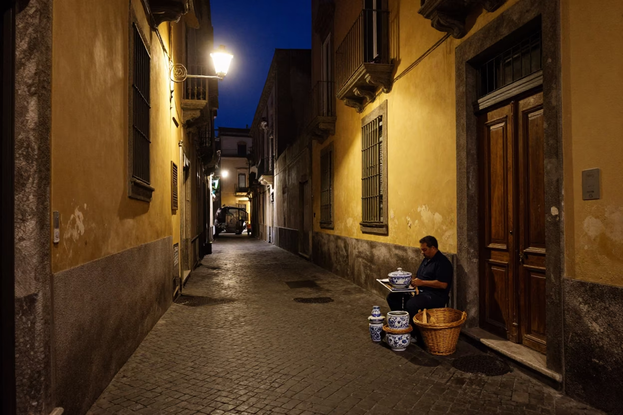 Nighttime Naples Street Scene with Wicker Basket and Porcelain Jars Under Deep Sky in in Naples, Italy