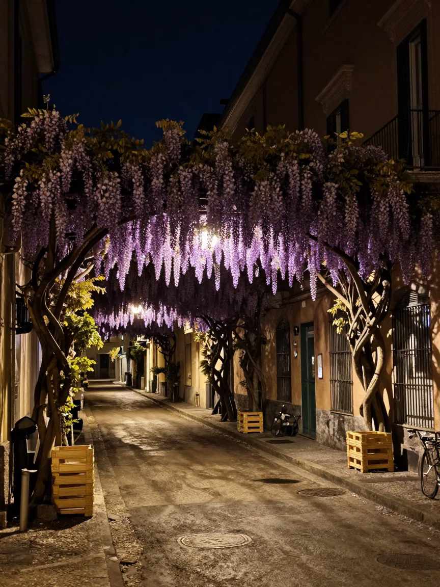 Nighttime Naples Street Scene with Wisteria Tunnel and Crate in in Naples, Italy