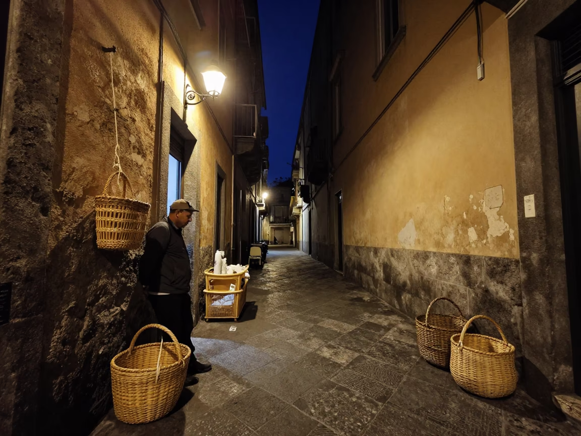 Nighttime Naples Street Scene with Woven Baskets and Twine Fibers on Handle in in Naples, Italy