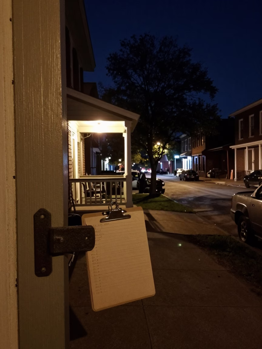 Nighttime Nashville Street Scene with Iron Deadbolt and Clipboard on Porch in in Nashville, Tennessee, United States