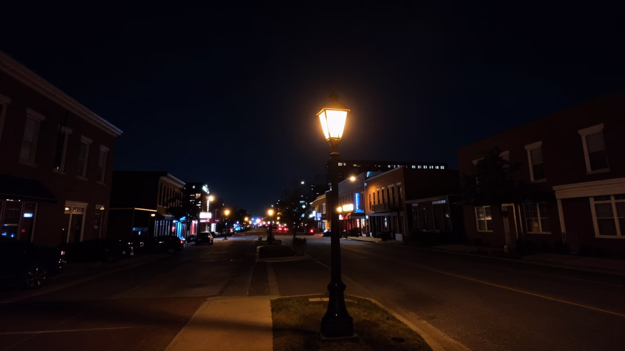 Nighttime Nashville Street Scene with Lantern Light and Distant Skyline in in Nashville, Tennessee, United States