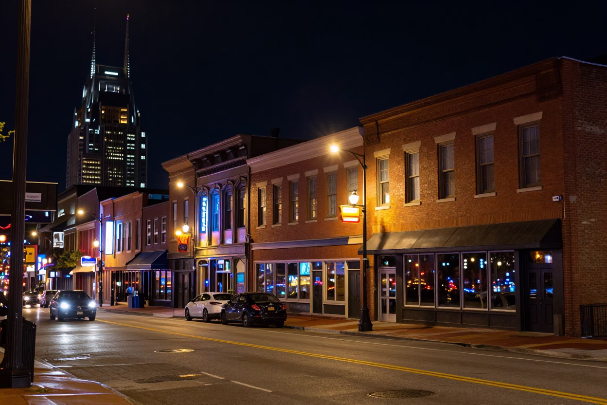 Nighttime Nashville Street Scene with Neon Lights and Local Interaction in in Nashville, Tennessee, United States