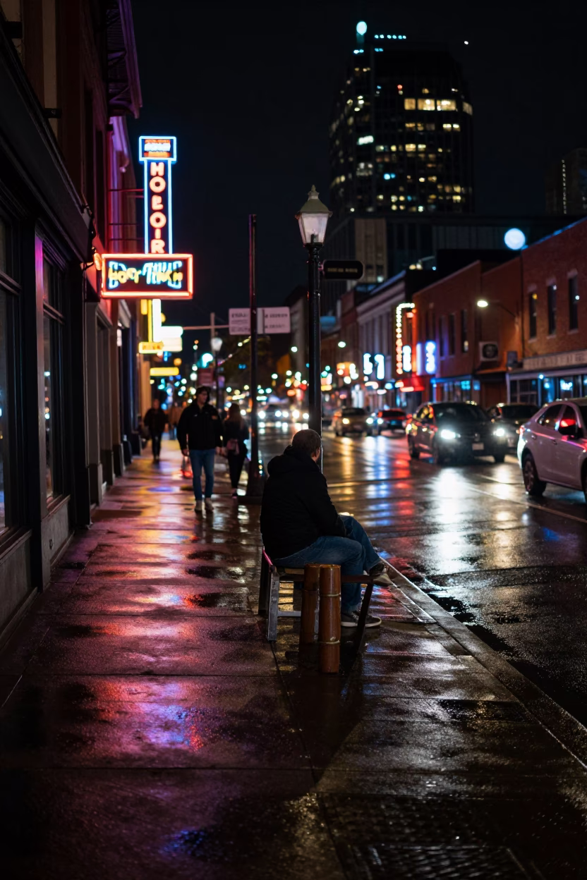 Nighttime Nashville Tennessee Street Scene with Neon Lights and Urban Architecture in in Nashville, Tennessee, United States