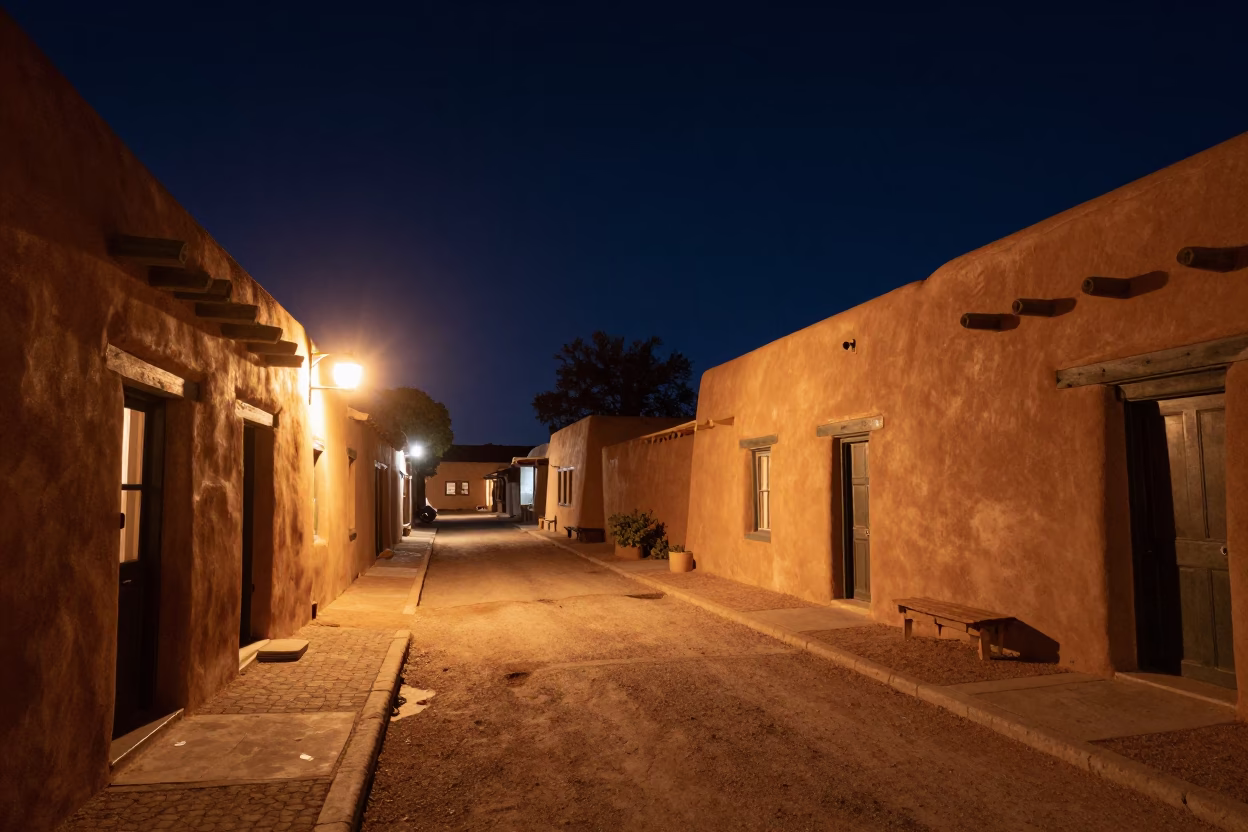 Nighttime New Mexico Adobe Architecture and Desert Street Scene in Santa Fe in in Santa Fe, New Mexico, United States