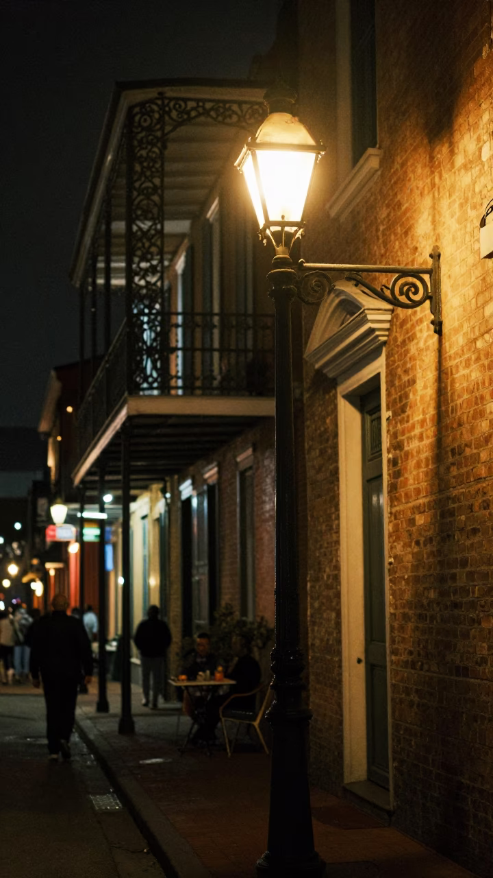 Nighttime New Orleans French Quarter Alleyway with Vintage Streetlamp and Glass Pitcher in in New Orleans, Louisiana, United States