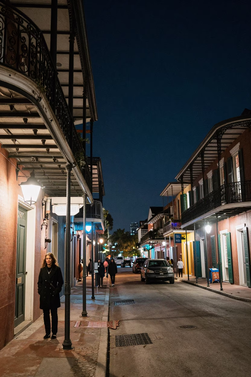 Nighttime New Orleans Street Photography Featuring Wrought Iron Balconies and Neon Signs in in New Orleans, Louisiana, United States