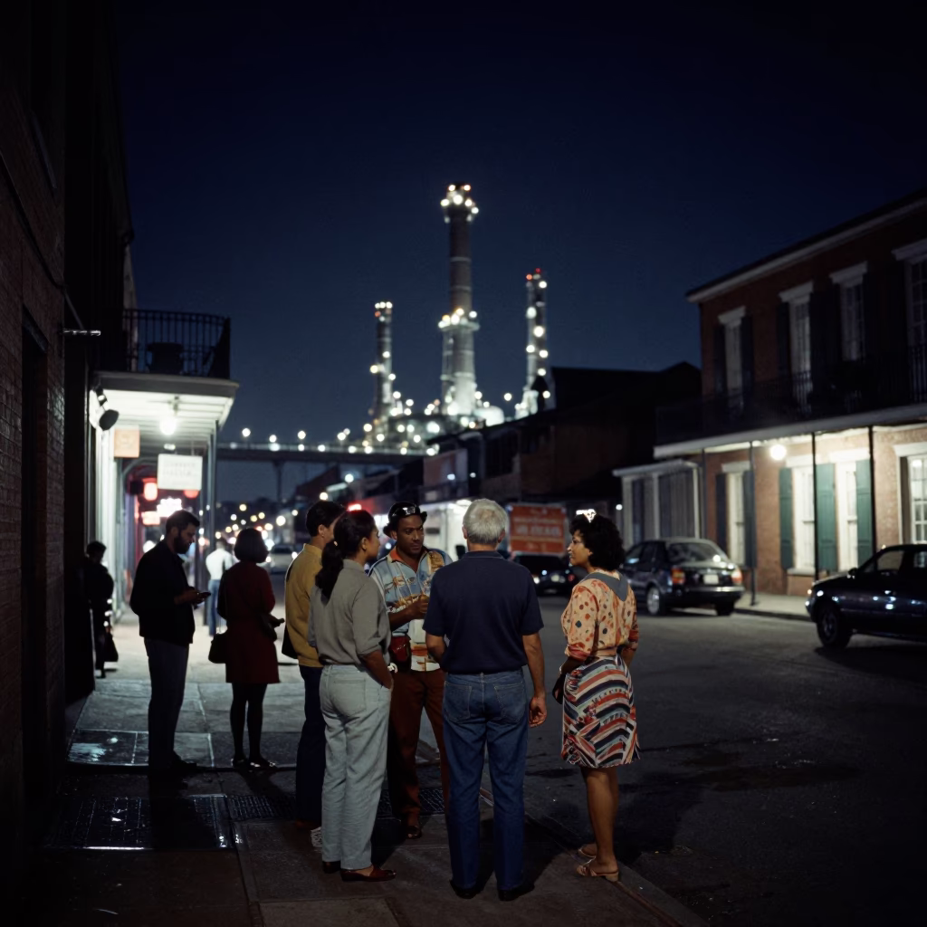Nighttime New Orleans Street Scene with Illuminated Bridge and Refinery Tanker in in New Orleans, Louisiana, United States