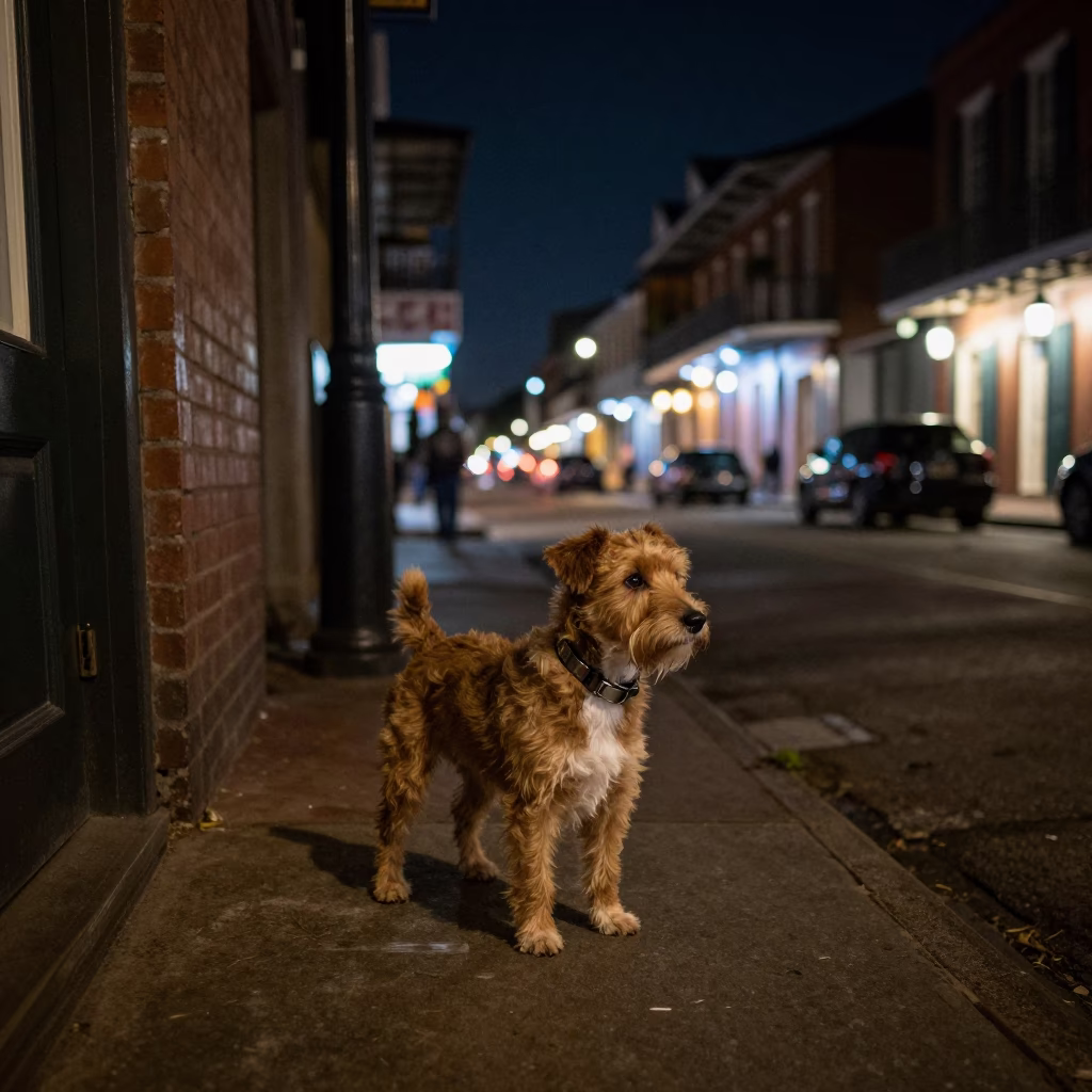 Nighttime New Orleans Street Scene with Teddy Roosevelt Terrier and Brushed Steel Runner Detail in in New Orleans, Louisiana, United States