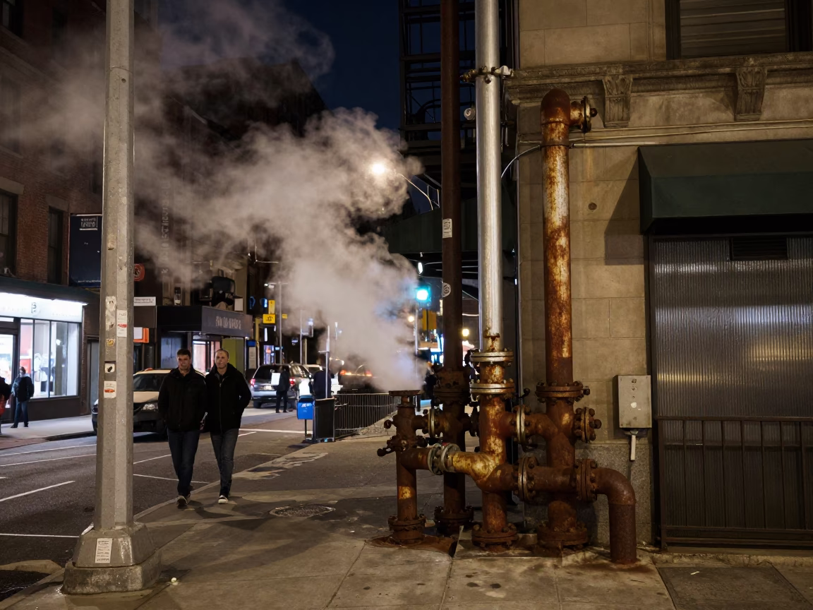 Nighttime New York Street Scene with Steam Rising from District Heating Pipes Behind Frost in in New York, New York, United States
