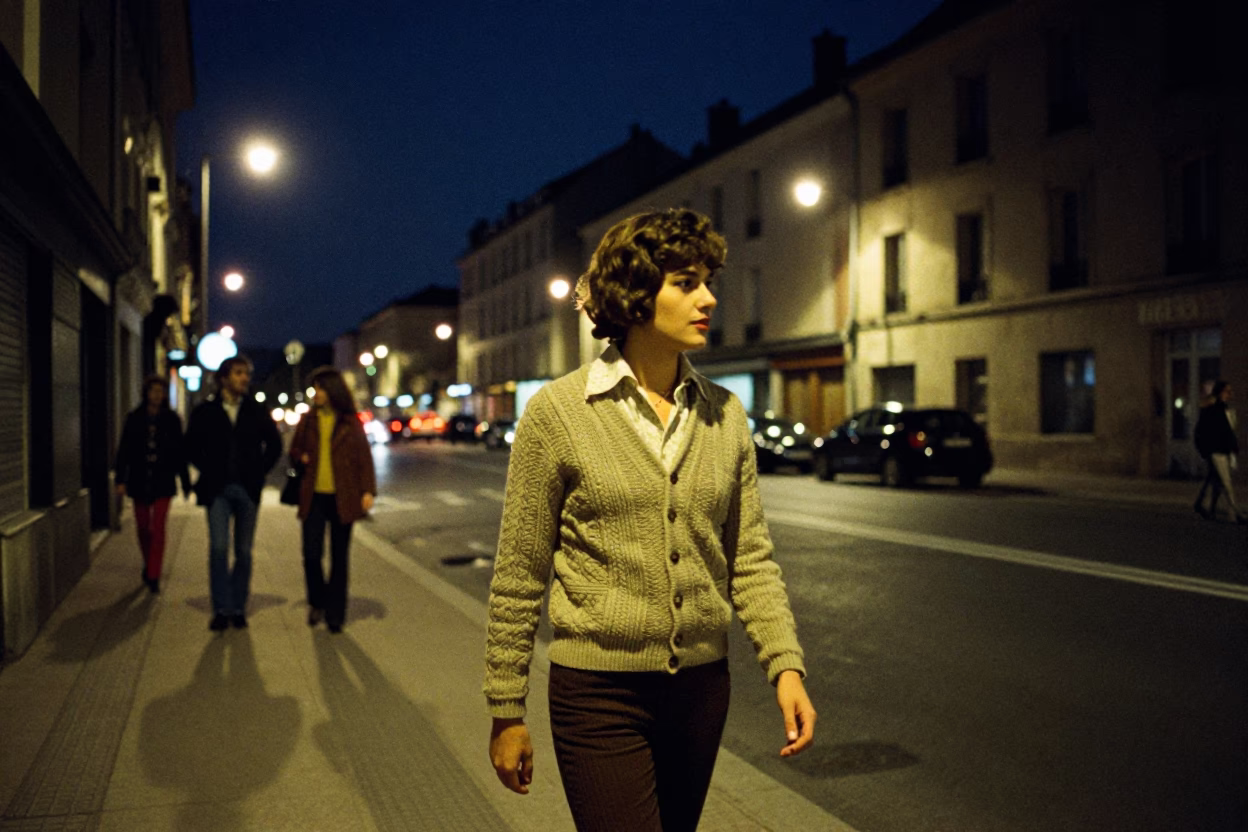 Nighttime Nice Street Scene with Vintage 1970s Fashion and Gate Details in in Nice, France