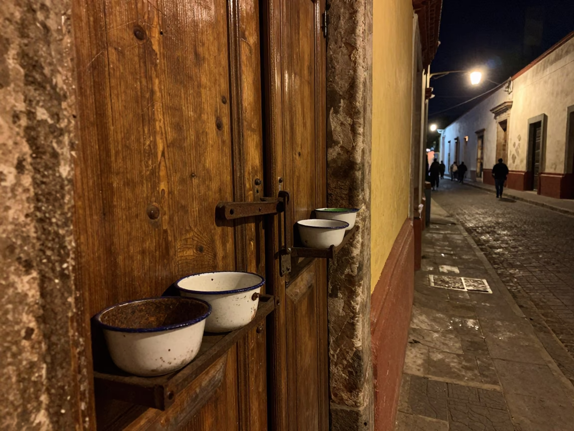 Nighttime Oaxaca Street Scene with Enamel Bowls and Latch on Wooden Door in in Oaxaca, Mexico