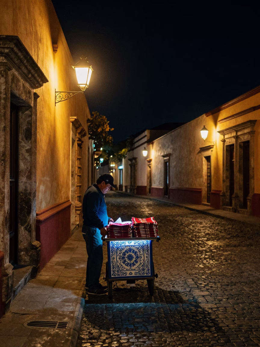Nighttime Oaxaca Street Scene with Lantern Light and Traditional Porcelain Details in in Oaxaca, Mexico