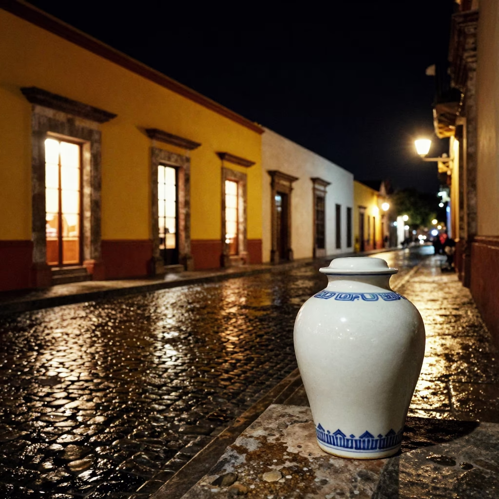 Nighttime Oaxaca Street Scene with Lit Windows and Ceramic Jars in in Oaxaca, Mexico