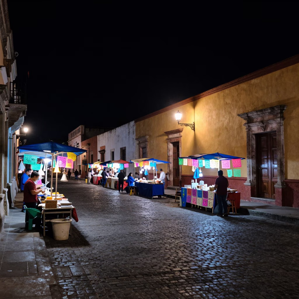 Nighttime Oaxaca Street Scene with Local Market Stalls and Colorful Lanterns in in Oaxaca, Mexico