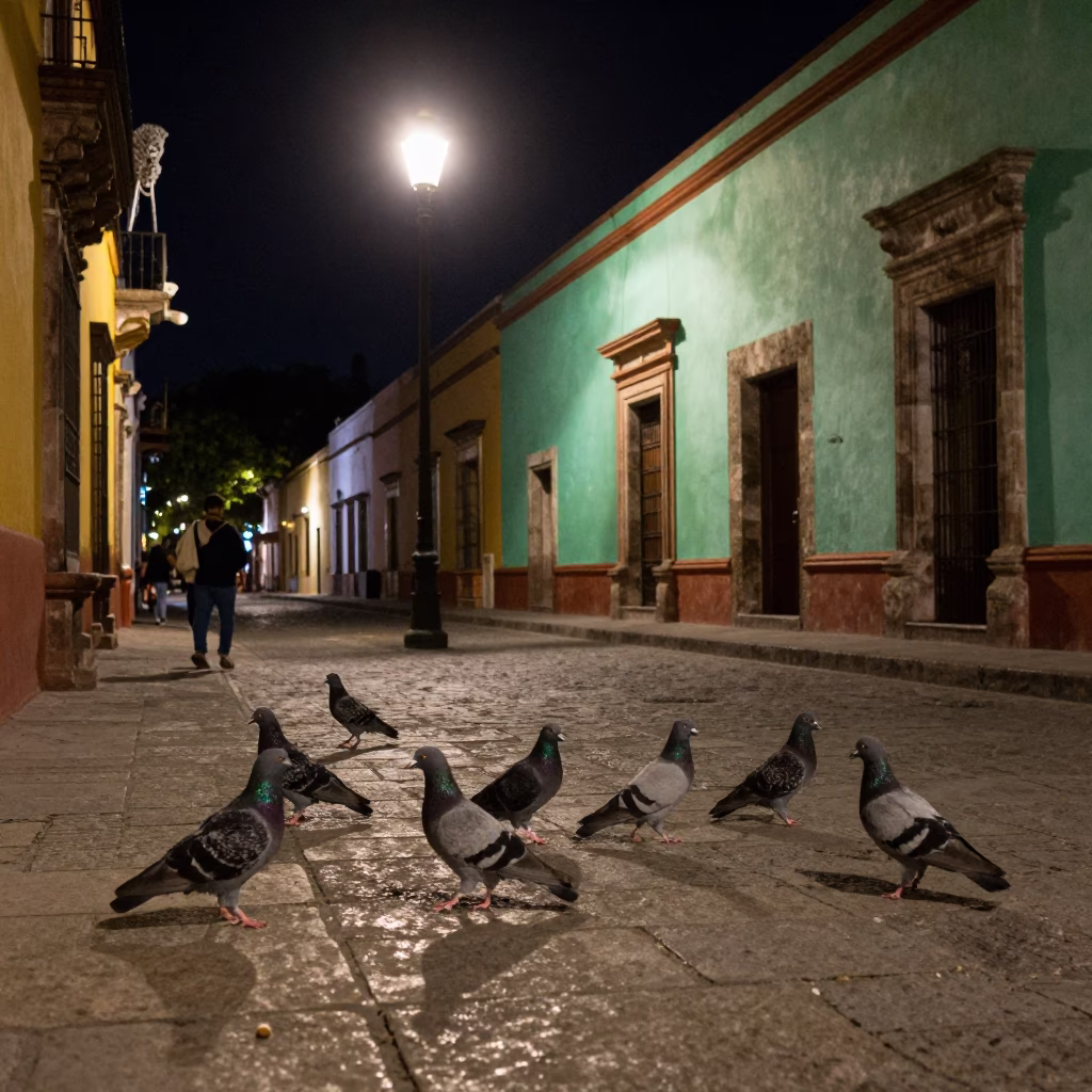 Nighttime Oaxaca Street Scene with Pigeons and Jade Green Ceramic Pots in in Oaxaca, Mexico